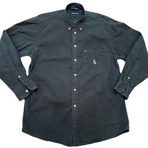 Vintage Nautica Shirt Mens M Dark Green Button Down Pocket 90s Y2K Gold Logo